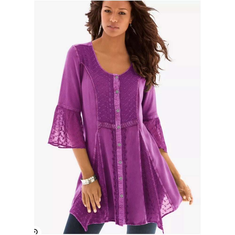 Denim 24/7 Purple Bell Sleeve Embroidery Boho Top Blouse Flower Buttons 14W BOHO